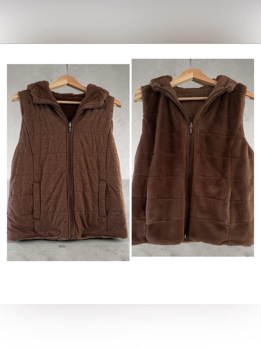 Johnston & Murphy Womenโs Reversible Quilted & Plush Brown Hooded Zip Vest